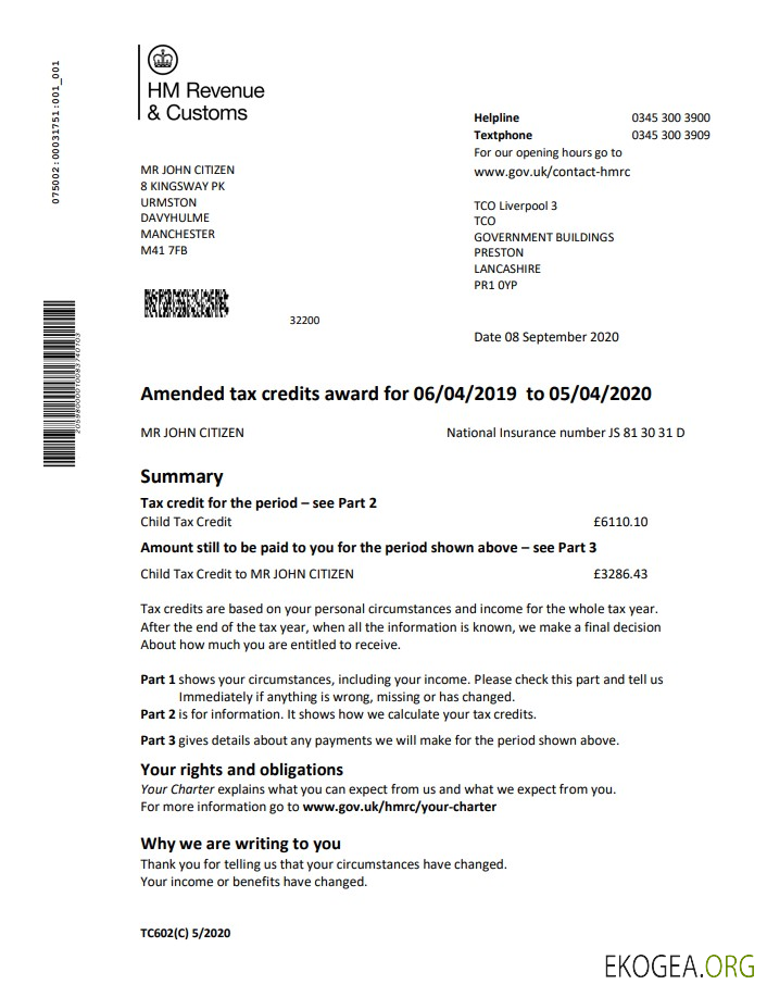 Modèle de déclaration d'attribution de crédits d'impôt HM Revenue & Customs du Royaume Uni au format Word et PDF (.doc et .pdf)